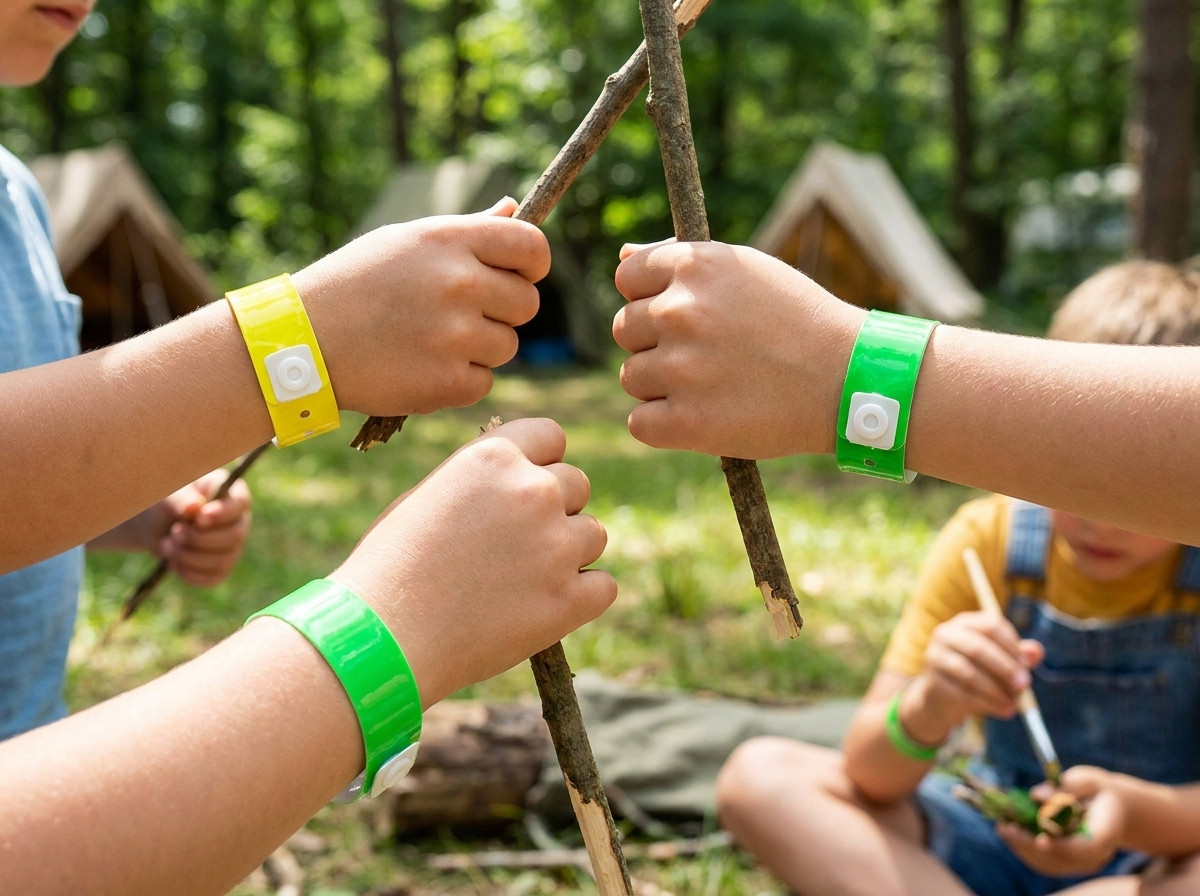 Farbige Tyvek-Armbänder für den Kinder-Miniclub auf dem Campingplatz, getragen von Kindern bei einer Outdoor-Animation