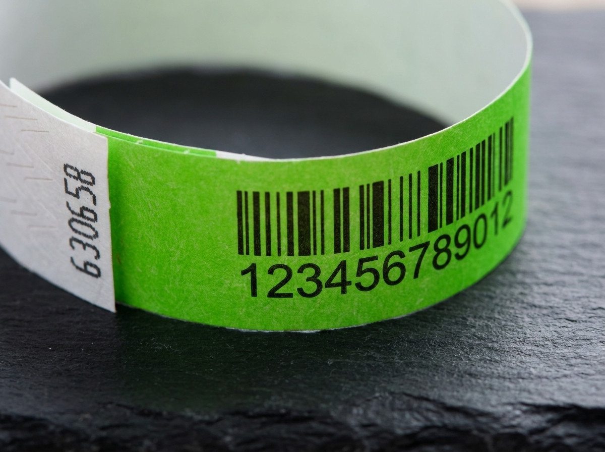 Nahaufnahme eines Tyvek-Armbands mit gedrucktem Code-128-Barcode und Sequenznummer, auf einer dunklen Oberfläche liegend