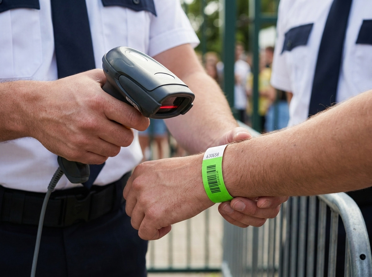 Sicherheitsmitarbeiter scannt den Barcode eines Tyvek-Armbands bei der Zugangskontrolle eines Open-Air-Festivals, Laserscanner in der Hand