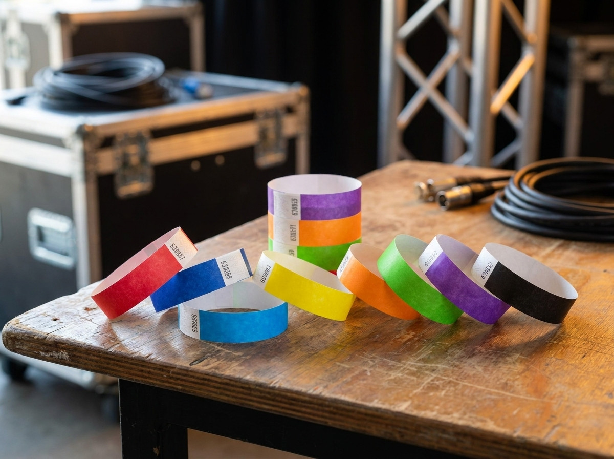 Sortiment mehrfarbiger Backstage-Konzert-Armbänder auf einem Bühnenproduktions-Tisch angeordnet