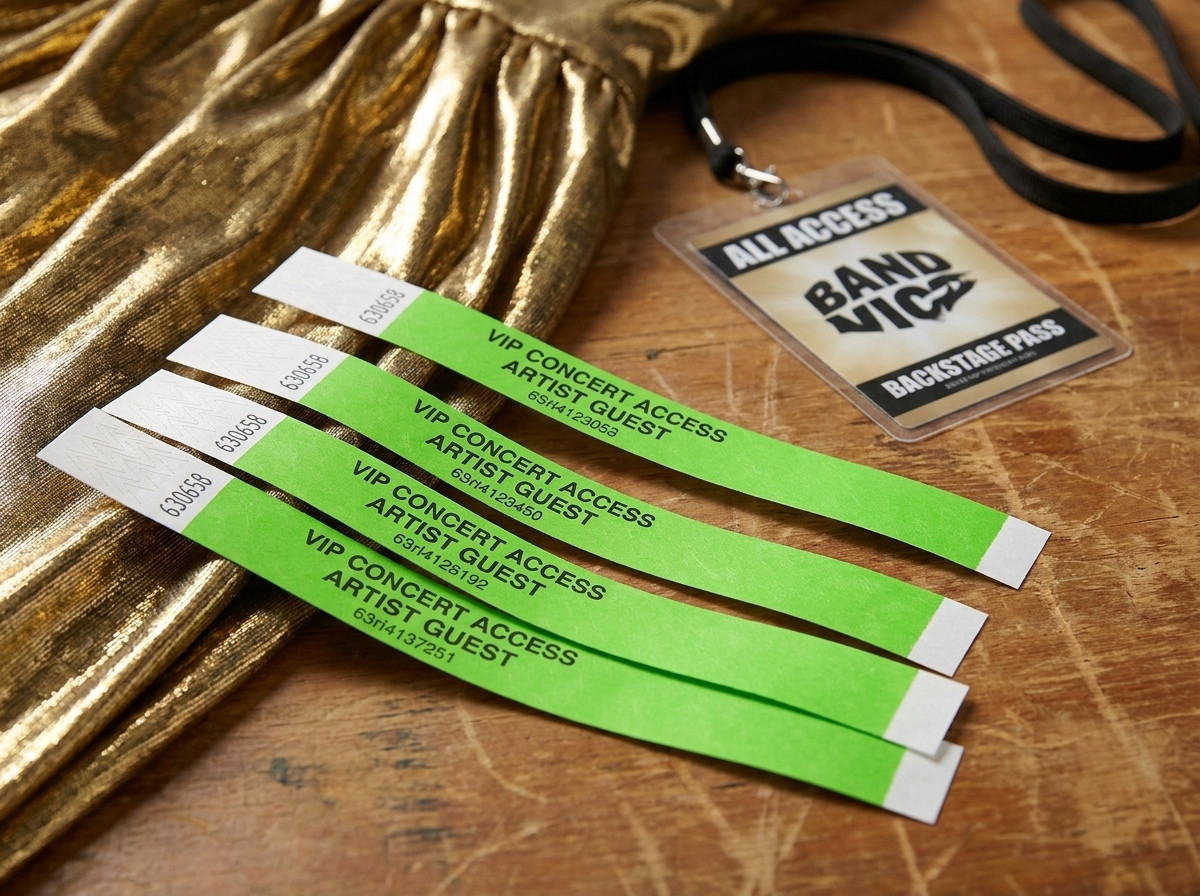 Personalisierte VIP-Armbänder für ein Konzert, auf einem Backstage-Tisch mit goldenem Lamé und Künstler-Badge platziert