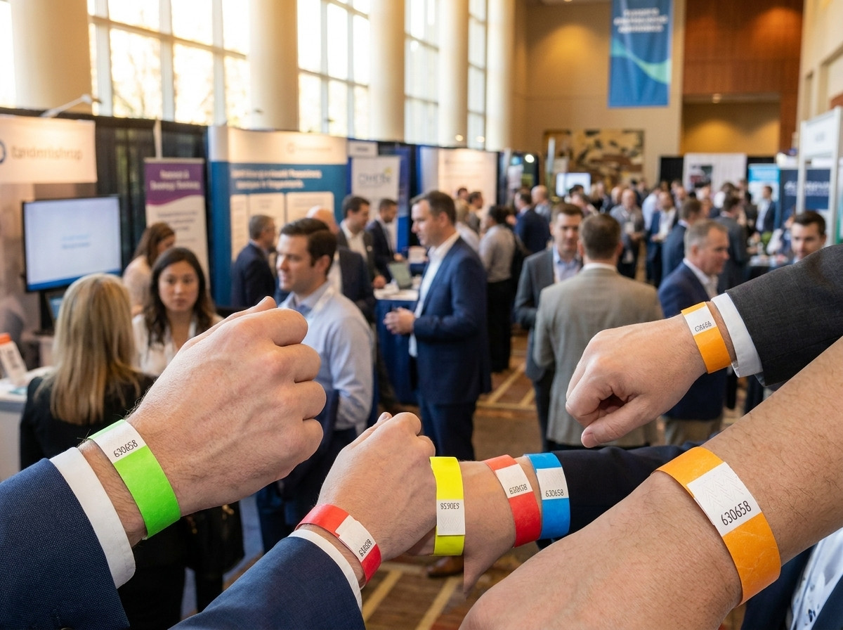 Farbige Tyvek-Armbänder, getragen von Fachbesuchern am Eingang einer B2B-Messe, mit sichtbarem Strichcode und manipulationssicherem Verschluss