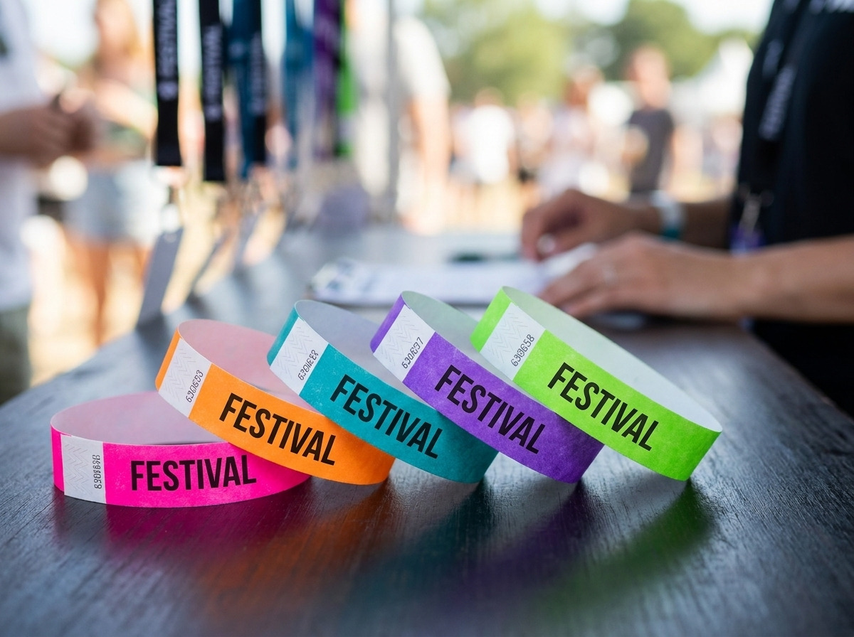 Personalisierte Festival-Armbänder aus mehrfarbigem Tyvek mit HD-Druck und manipulationssicherer Verschluss, auf einem Veranstaltungsregie-Tisch platziert