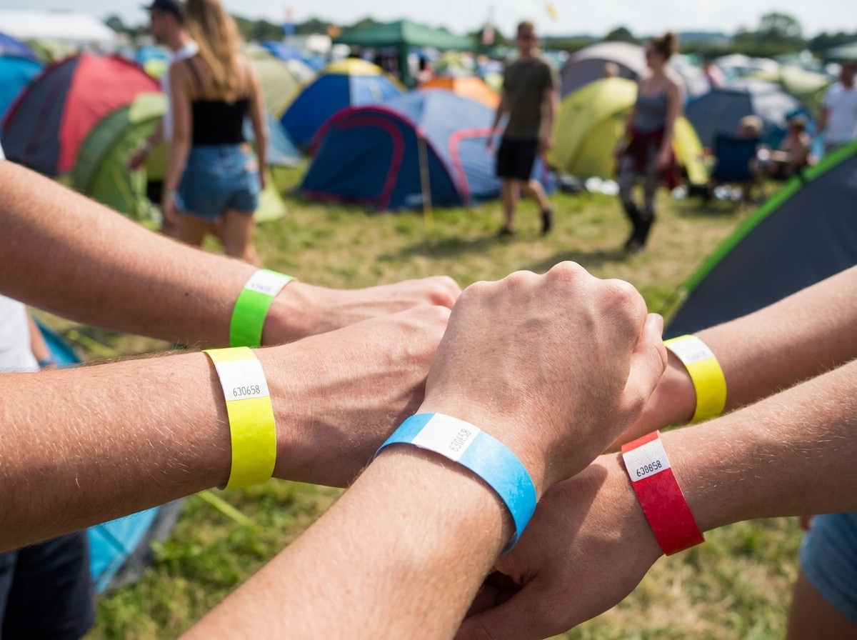 Farbige Identifikationsarmbänder an den Handgelenken von Festivalbesuchern vor einem Open-Air-Festivalcampingplatz mit Zelten im Hintergrund