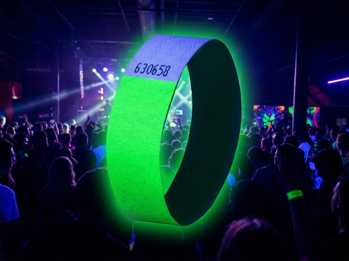 Fluoreszierende Tyvek-Armbänder für ein Elektro-Festival unter Schwarzlicht, mit Logo und QR-Code in hochauflösendem Druck