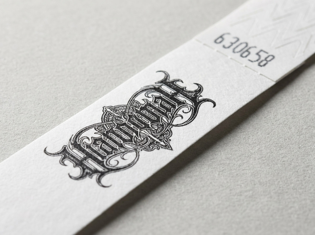 Nahaufnahme eines Tyvek-Armbands mit HD-Druck, das ein komplexes Logo in leuchtenden Farben und feinen Details zeigt