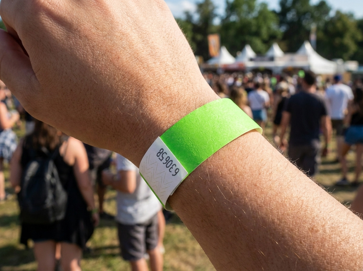 PVC-Vinyl-Armband mit hochauflösend gedrucktem Foto, am Handgelenk bei einem Open-Air-Festival getragen