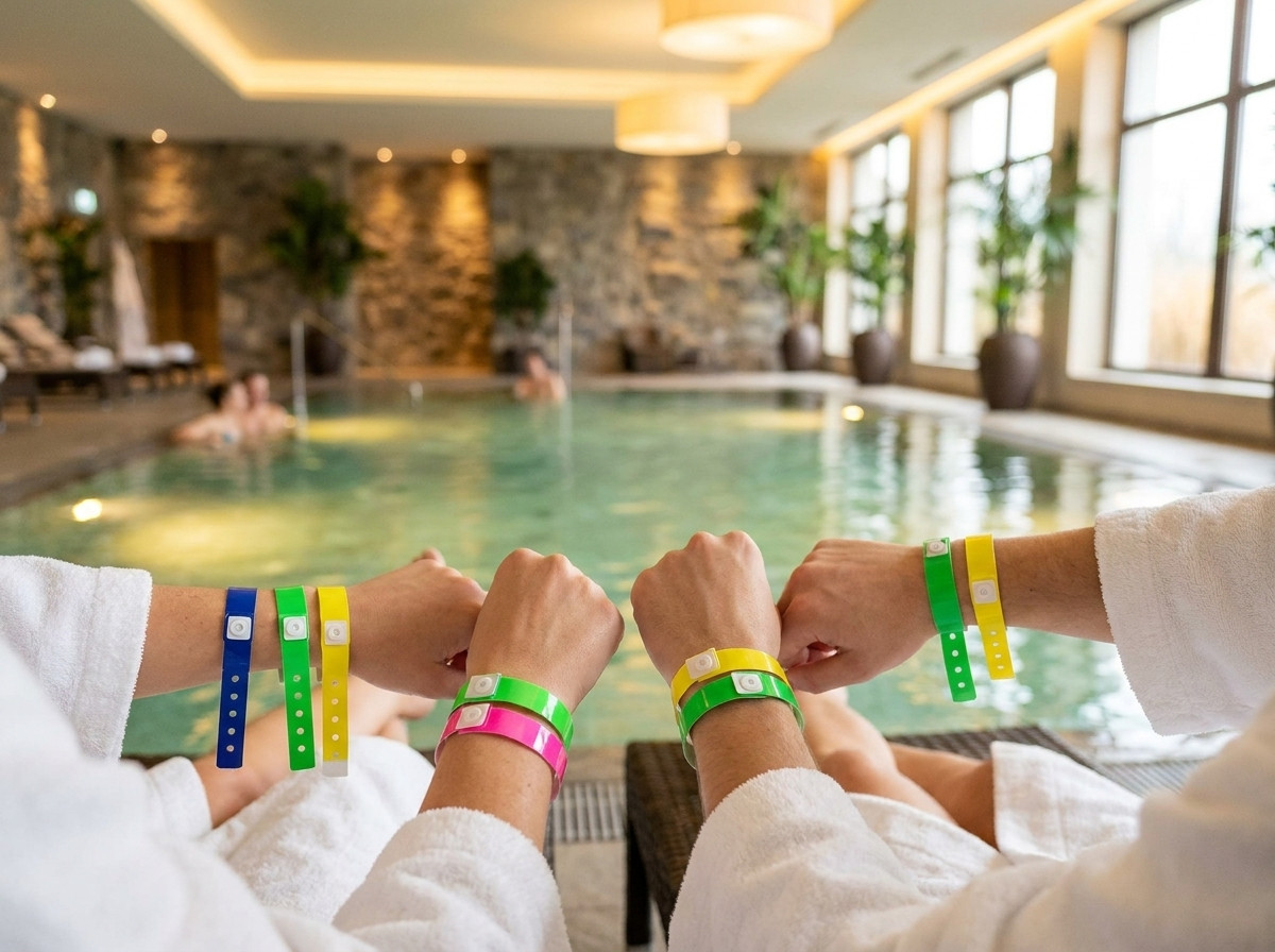 Farbige Vinyl-Armbänder an den Handgelenken von Gästen in einem Hotel-Spa-Bereich mit Hallenbad und gedämpftem Licht