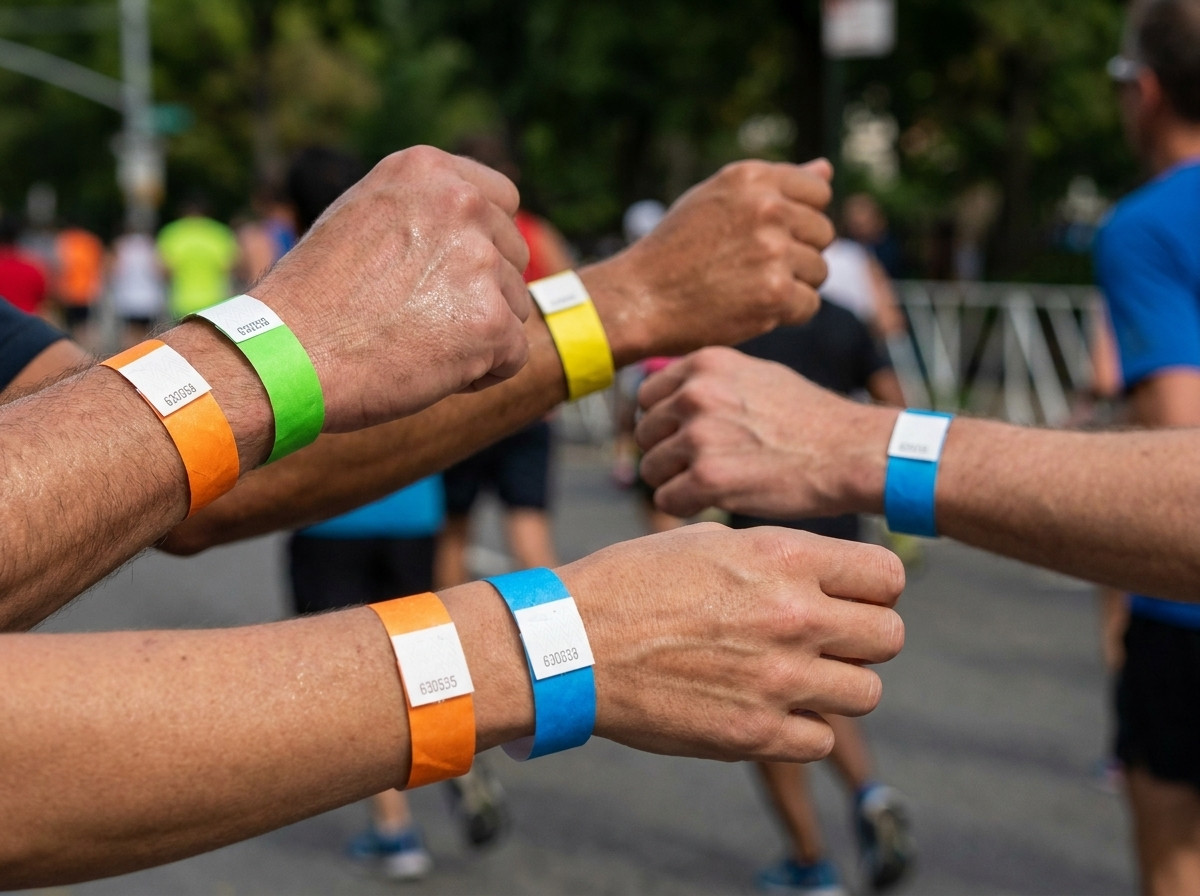 Läufer mit farbigen Identifikationsarmbändern bei einem Stadtmarathon
