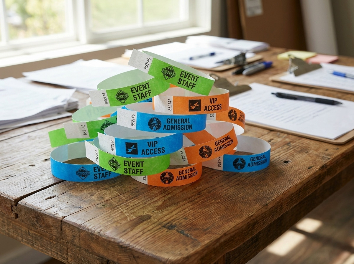 Personalisierte Tyvek-Armbänder mit Logo und Nummerierung, vorbereitet für ein Festival oder Firmenseminar