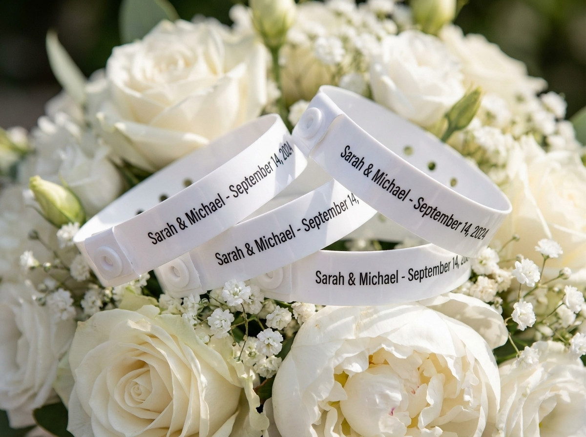 Personalisierte weisse Hochzeitsarmbänder mit den Vornamen des Brautpaares und dem Datum in Goldprägung, auf einem Strauss weisser Blumen platziert