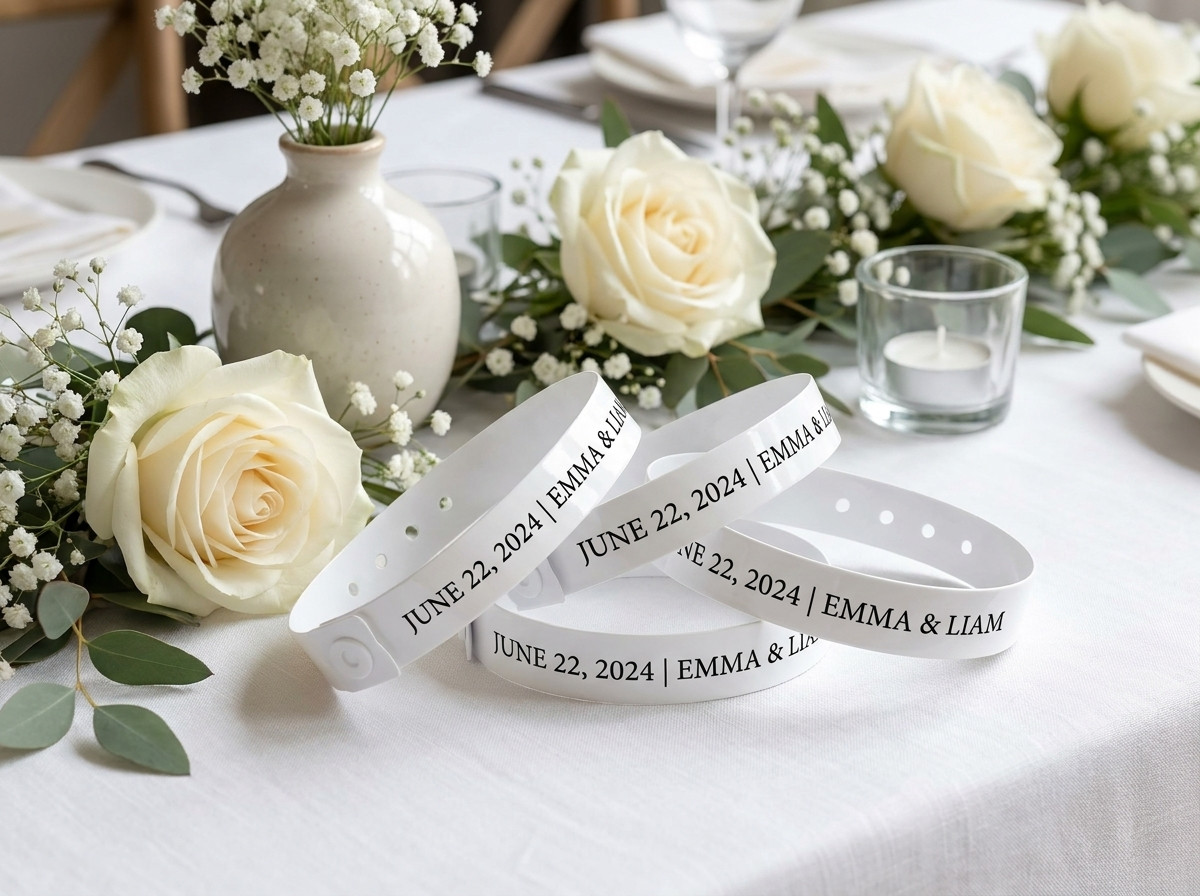 Personalisierte weisse Tyvek-Armbänder mit den Vornamen des Brautpaares und Datum, auf einem mit Blumen dekorierten Hochzeitstisch platziert