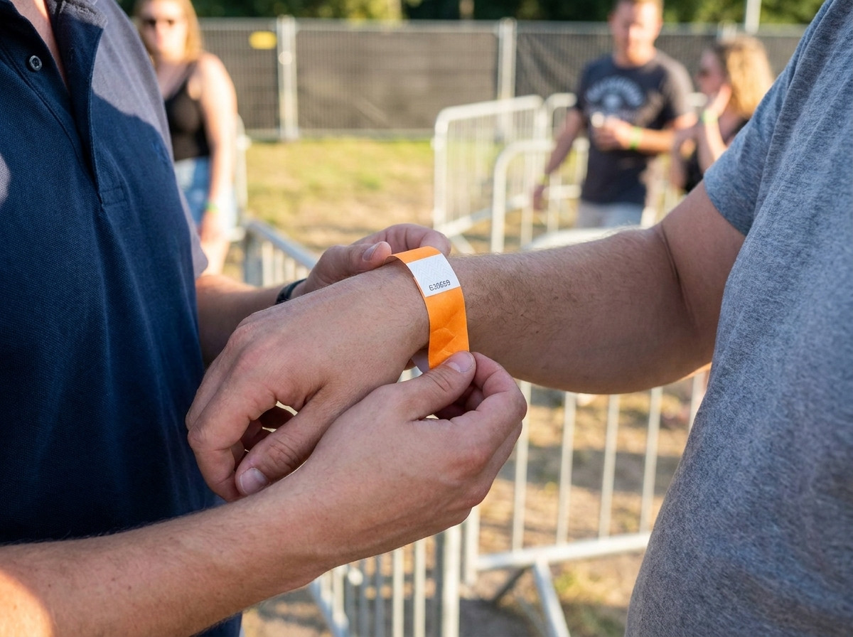 Empfangspersonal eines Festivals legt einem Teilnehmer am Eingang ein nummeriertes Identifikationsarmband ans Handgelenk