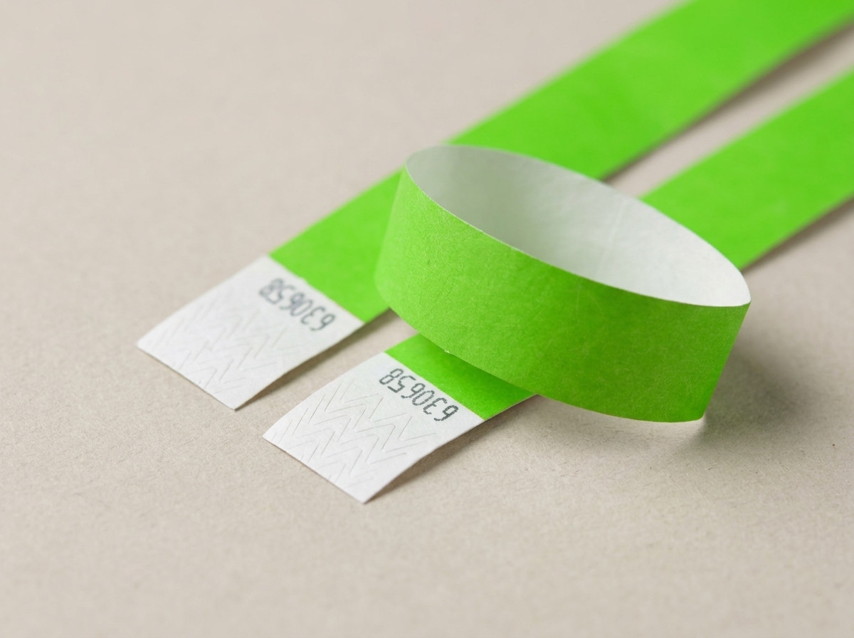 Vergleich eines zerknitterten Papierarmbands nach einem Tag Tragezeit mit einem noch intakten Tyvek-Armband