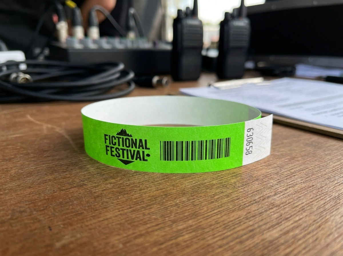 Nahaufnahme eines weißen Papierarmbands mit aufgedrucktem Logo, befestigt an einem Handgelenk
