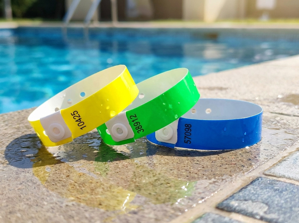Personalisierte Vinyl-PVC-Armbänder für ein Schwimmbadabonnement mit aufgedruckter Abonnentennummer und QR-Code, auf dem Beckenrand platziert