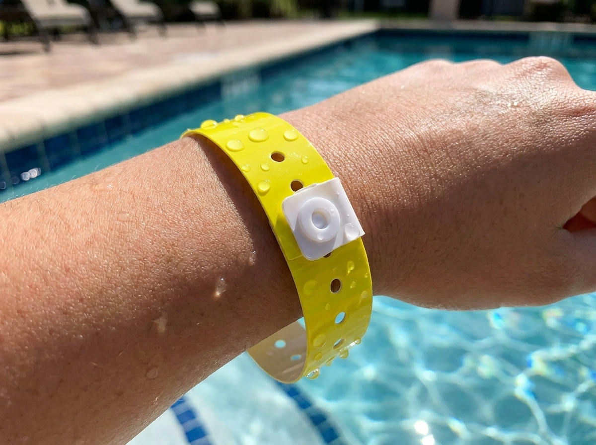 Nahaufnahme eines wasserdichten Vinyl-Armbands am Handgelenk eines Kindes am Schwimmbeckenrand mit klar aufgedruckter Telefonnummer