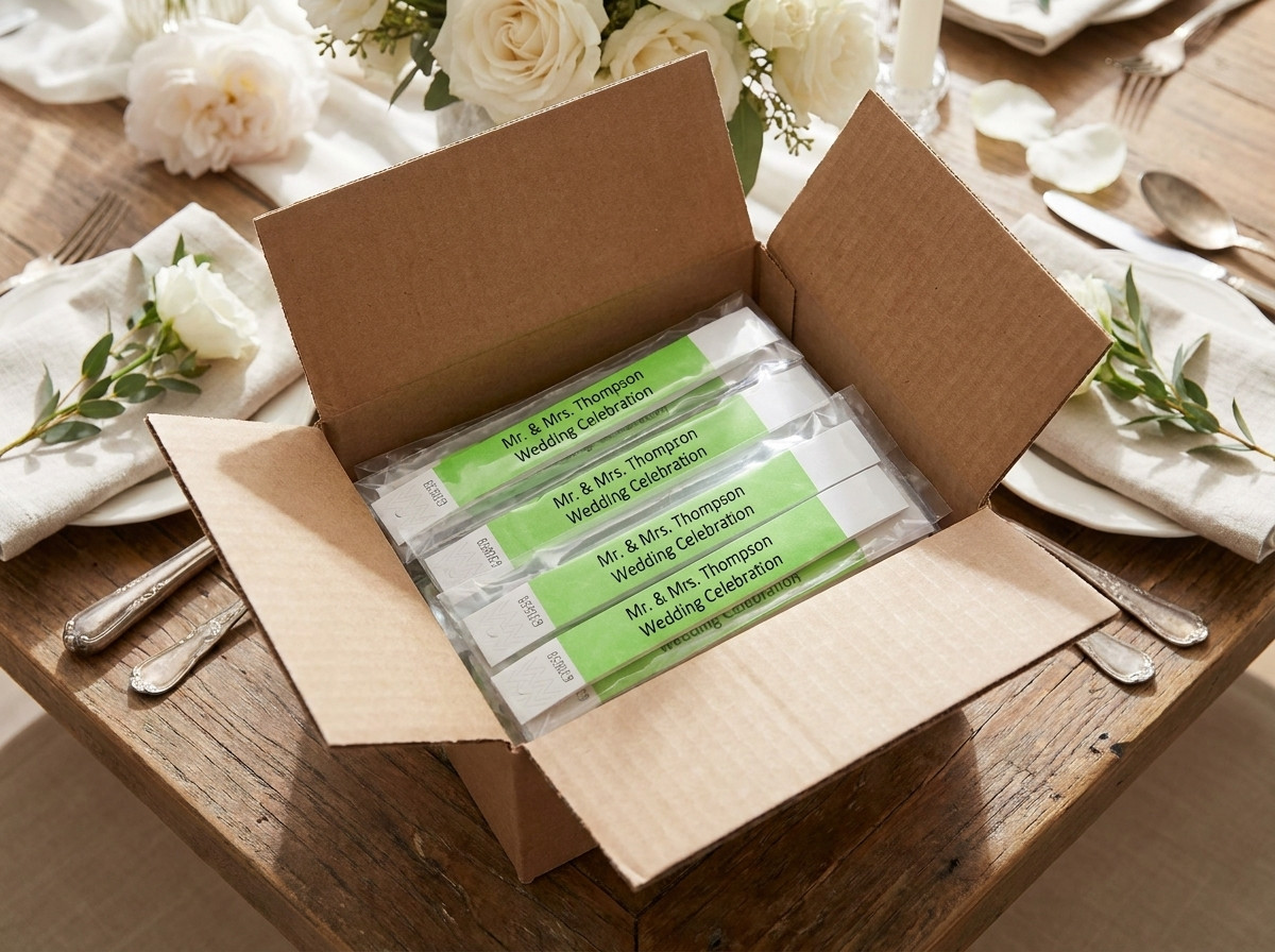 Geöffneter Lieferkarton mit personalisierten Hochzeitsarmbändern in Tütchen, bereit zur Verteilung an die Gäste