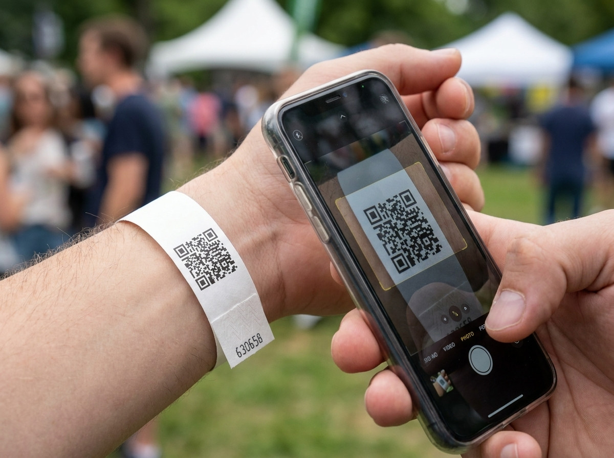 Nahaufnahme eines weißen Tyvek-Armbands mit schwarz gedrucktem QR-Code, der bei einer Zugangskontrolle am Festivaleingang mit einem Smartphone gescannt wird