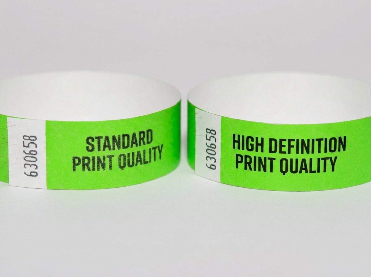 Vergleich eines Tyvek-Armbands und eines Identifikationsarmbands, beide mit hochauflösend gedrucktem QR-Code und farbigem Veranstaltungsdesign