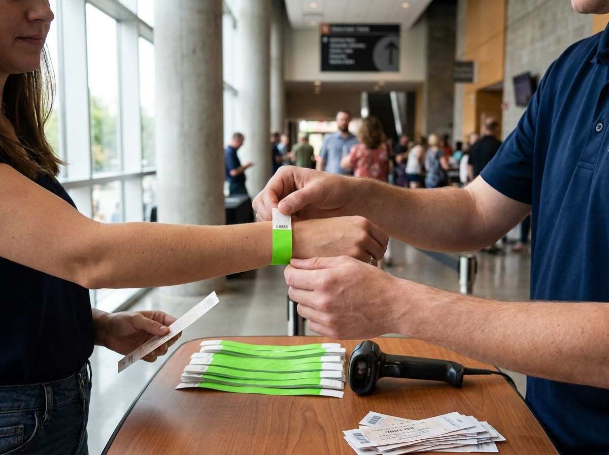 Zugangskontrolltisch bei einem Festival mit gestapelten Tyvek-Armbändern mit QR-Code zur Ausgabe bereit und einem Mitarbeiter, der das Handgelenk eines Teilnehmers mit einem Telefon scannt