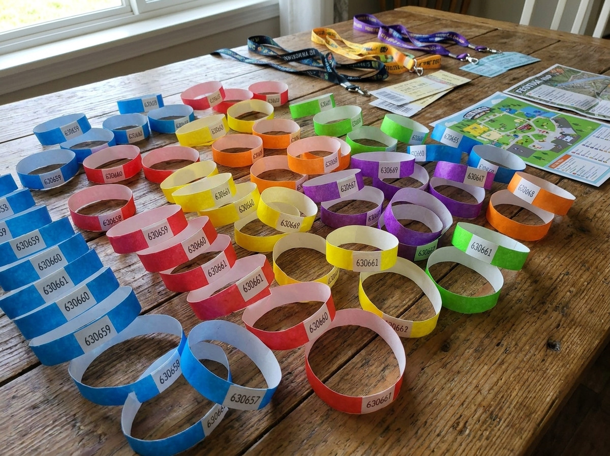Farbige manipulationssichere Sicherheits-Armbänder für ein großes Festival vorbereitet, mit sichtbaren Originalverschlüssen und aufgedruckter sequenzieller Nummerierung