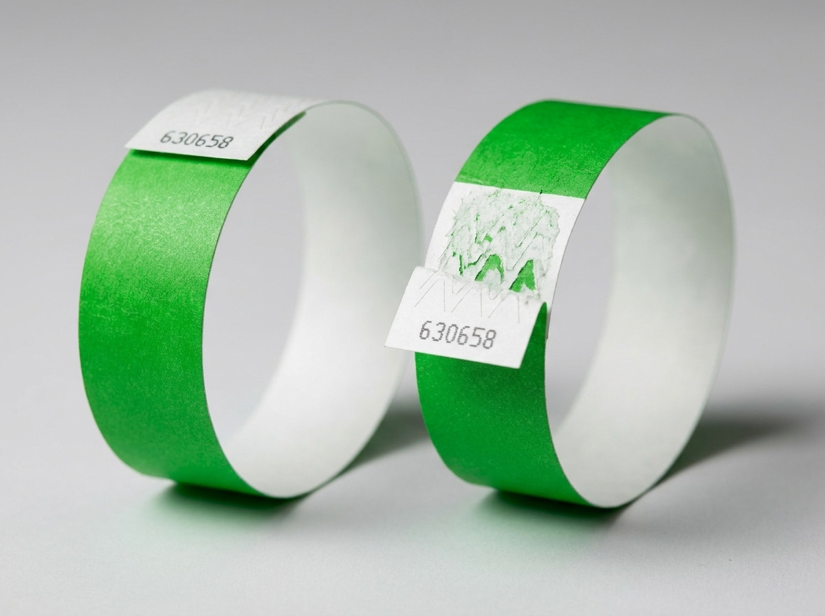 Seitenweiser Vergleich eines Tyvek-Armbands und eines personalisierten Identifikationsarmbands für eine Veranstaltung, der die Unterschiede bei Material, Stärke und Verschluss zeigt