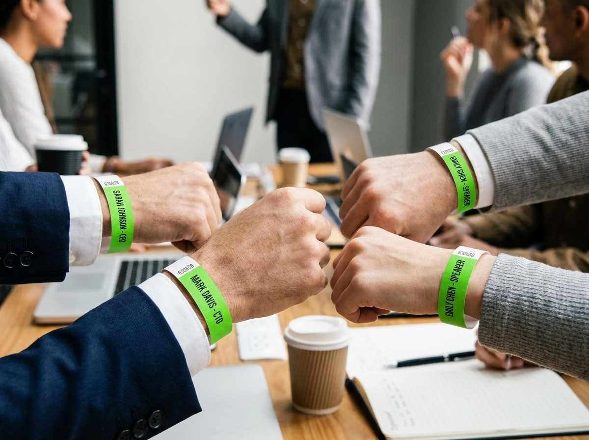 Namentliche Identifikationsarmbänder für eine Fachkonferenz mit hochauflösend aufgedrucktem Namen und Funktion, am Handgelenk von Teilnehmern eines Kongresses getragen