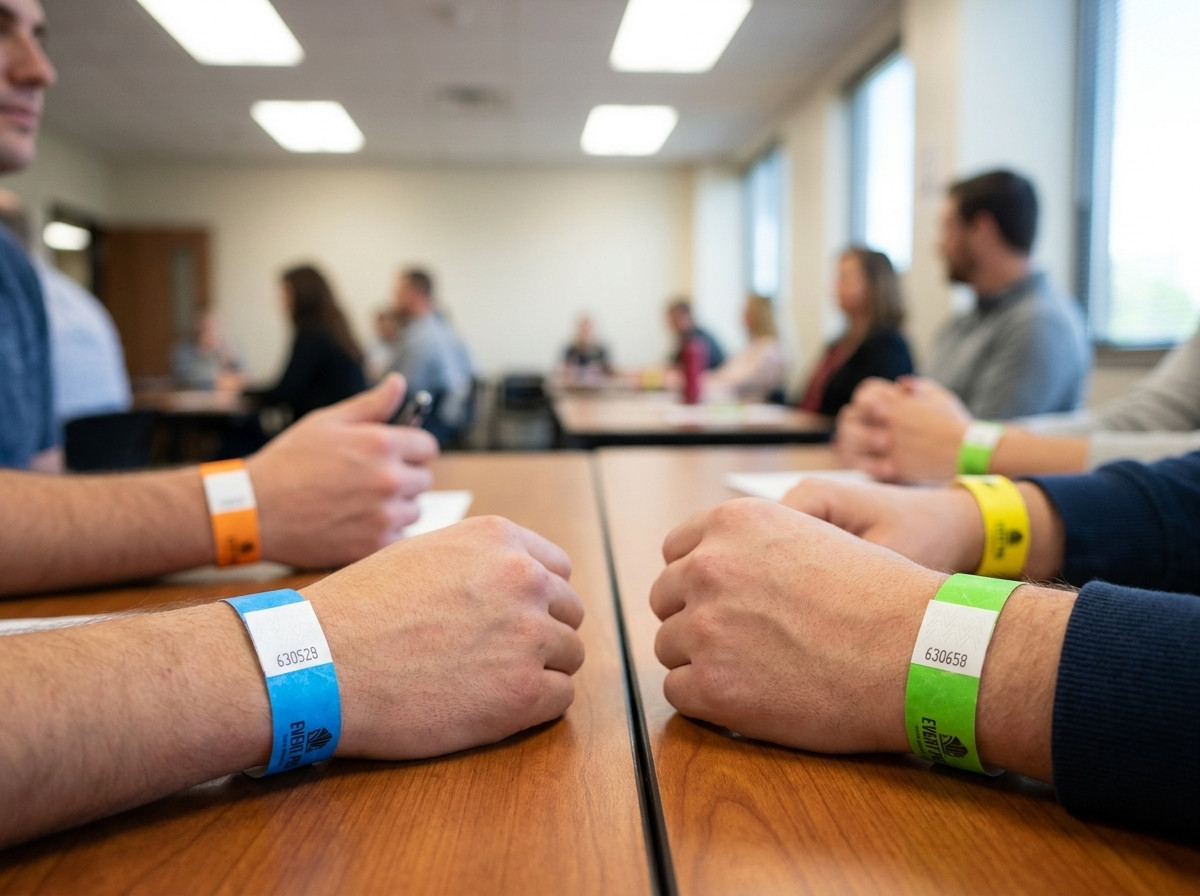 Farbige Tyvek-Armbänder von Teilnehmern getragen, die in einem Schulungsraum an Tischen sitzen, mit sichtbarem Logo und sequenzieller Nummerierung