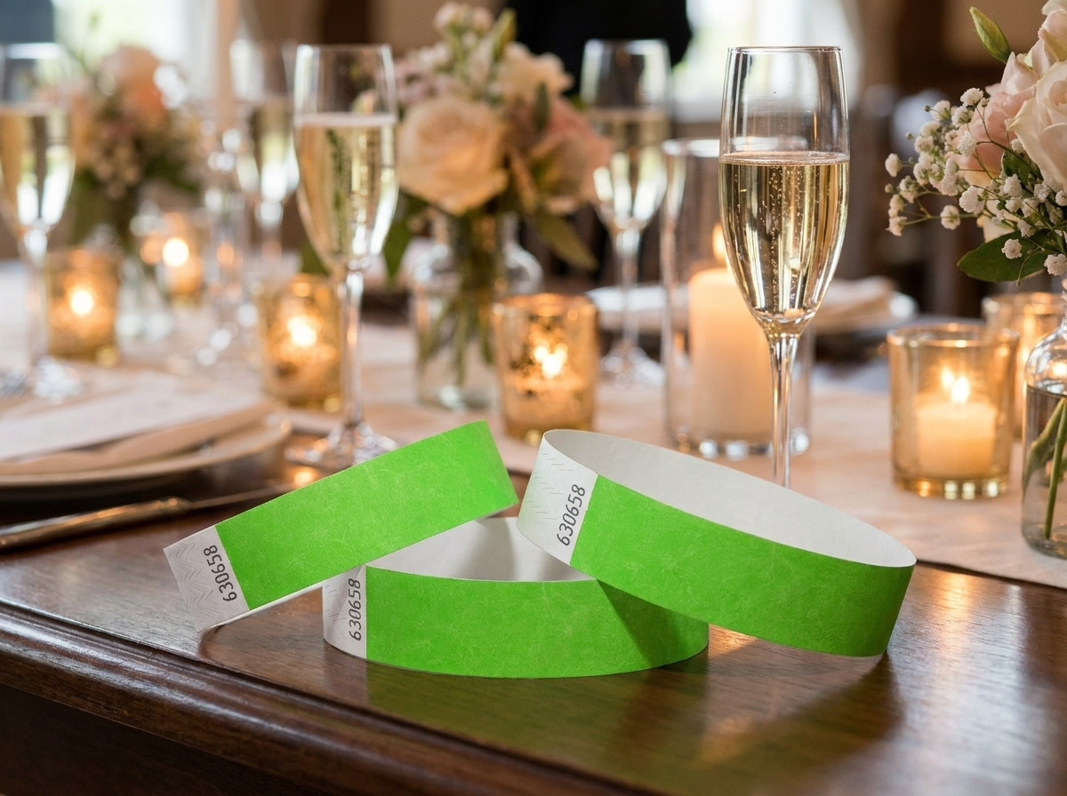 Personalisierte Tyvek-Armbänder für eine elegante Privatfeier, auf einem Tisch mit Champagnergläsern dekoriert platziert