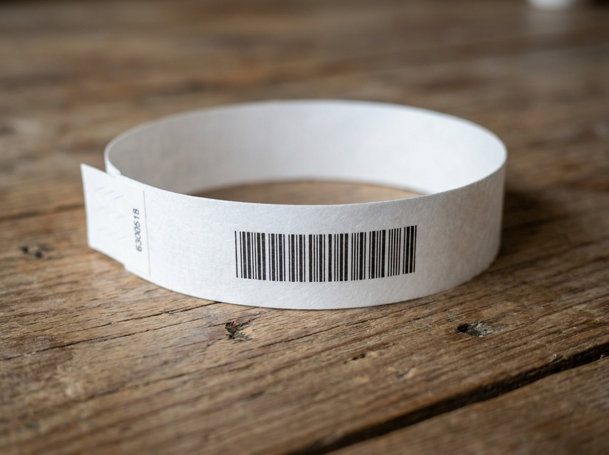 Nahaufnahme eines bedruckten weißen Tyvek-Armbands mit Logo und Barcode, auf einer Holzoberfläche liegend