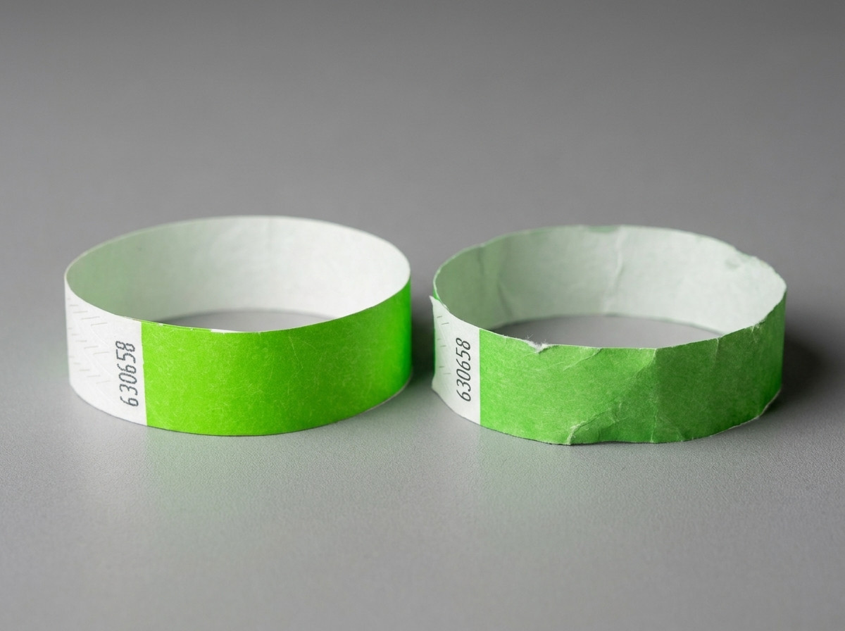 Seitenweiser Vergleich eines nassen Tyvek-Armbands und eines nassen Papierarmbands auf einer Außenfläche im Regen
