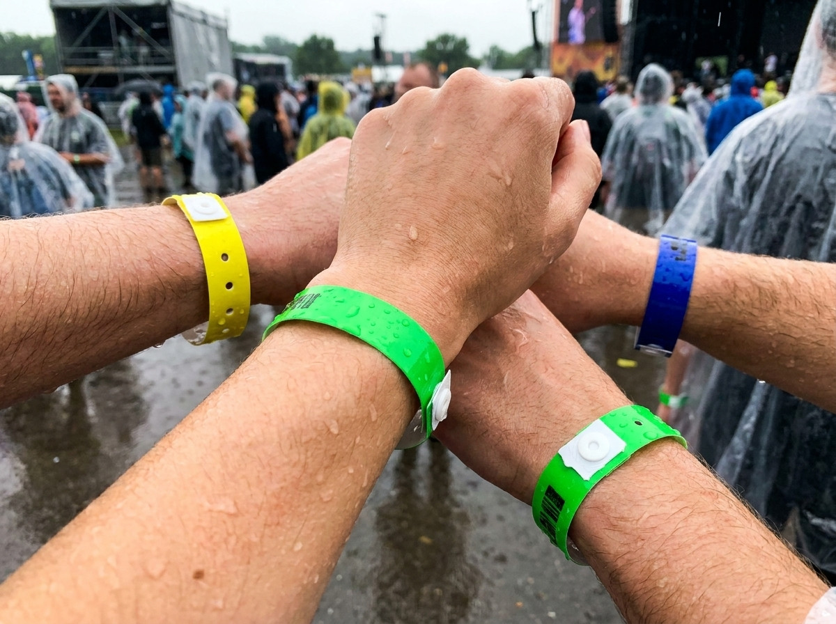 Farbige PVC-Vinyl-Armbänder am Handgelenk getragen während eines mehrtägigen Festivals im Regen