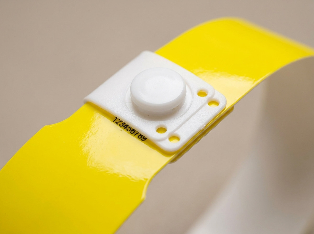 Nahaufnahme eines gelben PVC-Vinyl-Armbands mit Kunststoffdruckverschluss